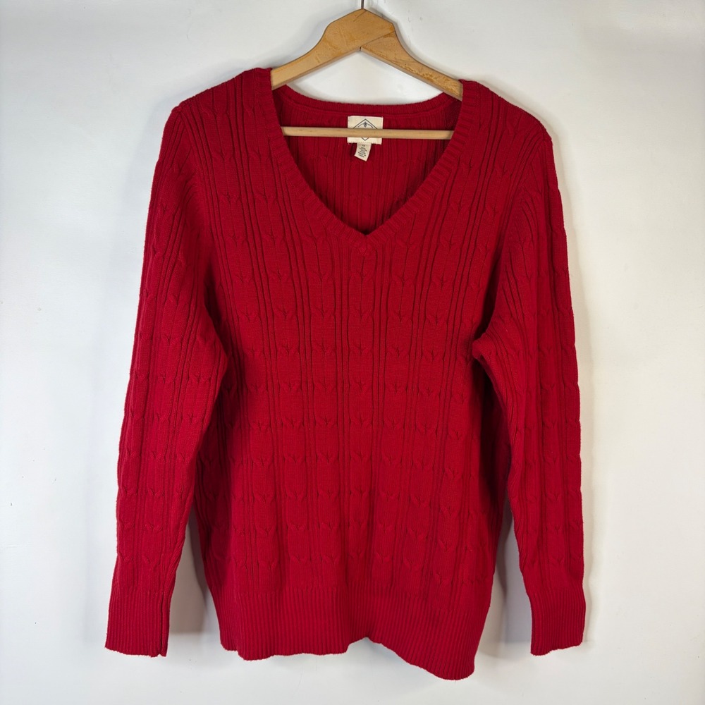 St. John's Bay Sweater Women 1X Red Cable Knit V-Neck Long Sleeve Cotton Blend